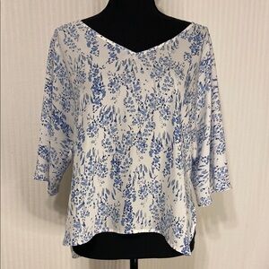 Paper Crown Blouse Tunic V-Neck Romantic Flowy Feminine Blue White Extra Small